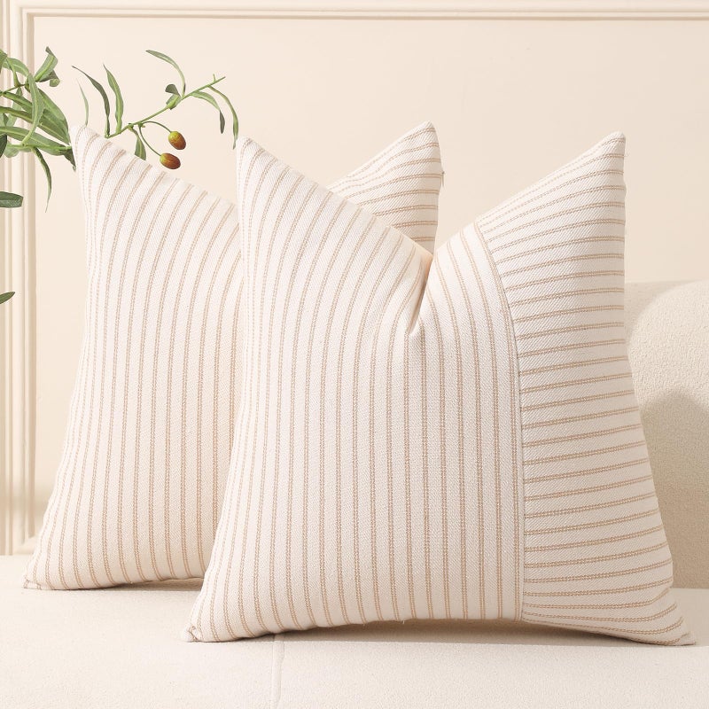 Hckot Khaki and Beige Patchwork Farmhouse Throw Pillow Covers 20 x 20 Inch  Pack of 2 Striped Linen Decorative Pillow Case for Sofa Couch Chair Bedroom Modern Decor (20"" x 20""  Khaki) - Image 1